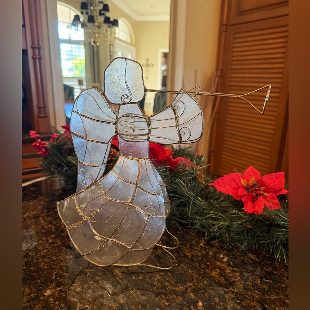 Vintage Elegant White Capiz Shell Angel Figurine with Trumpet